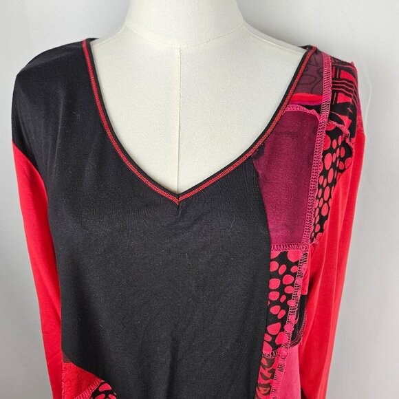 Parsley & Sage 2X Red Black Patchwork Long Sleeve Tunic Top Lagenlook - Picture 2 of 8